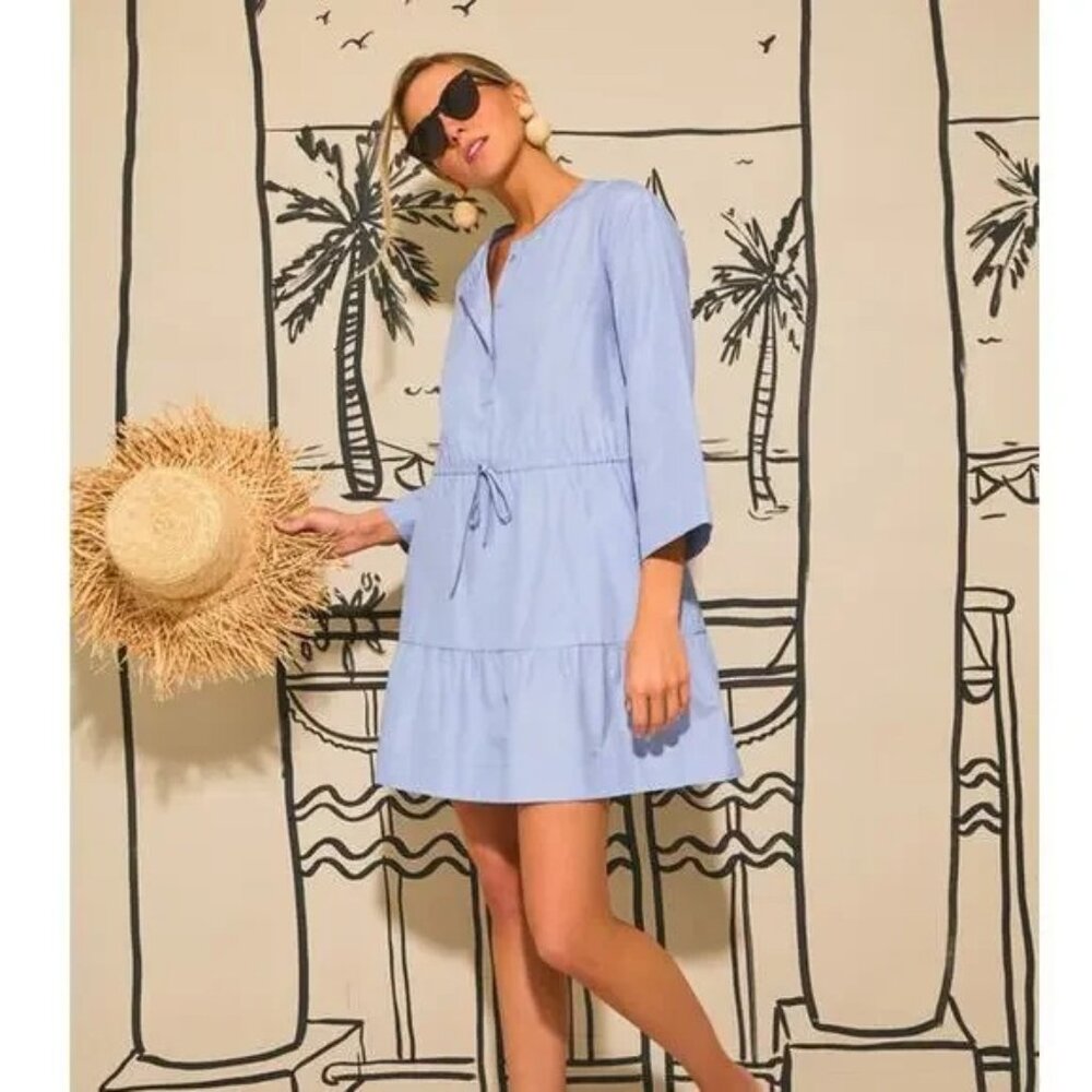 Pomander Place Women's Lucy Dress Blue Large Mini Chambray Tiered Cinch Tie